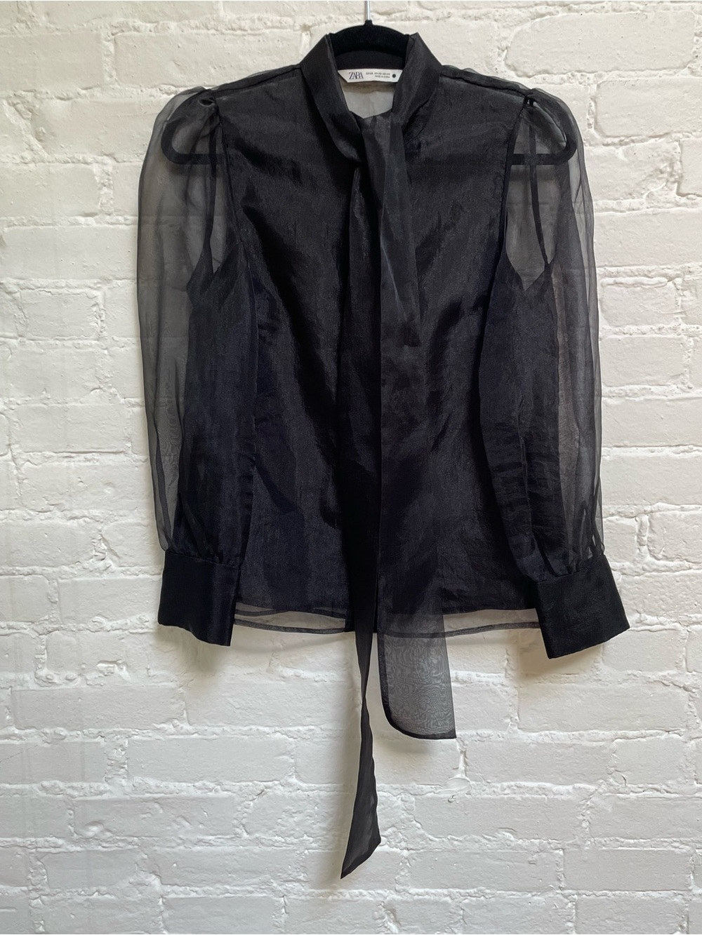 Zara Black Sheer Long-Sleeve Blouse with Tie Neck